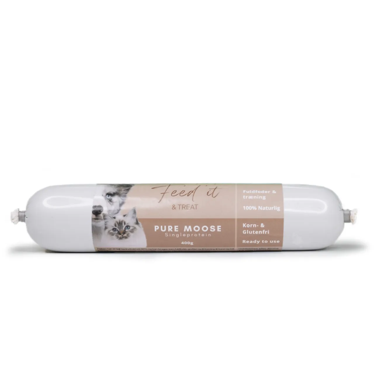 Feedit & Treat Pure Moose foderpølse - 92% elgkød naturlig fuldfoderpølse 400 g